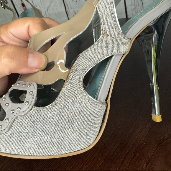 KG KURT GEIGER DENIM, Calf, PATENT Leather Laser Cut Studded heeled Sandals 37 - Picture 15 of 16